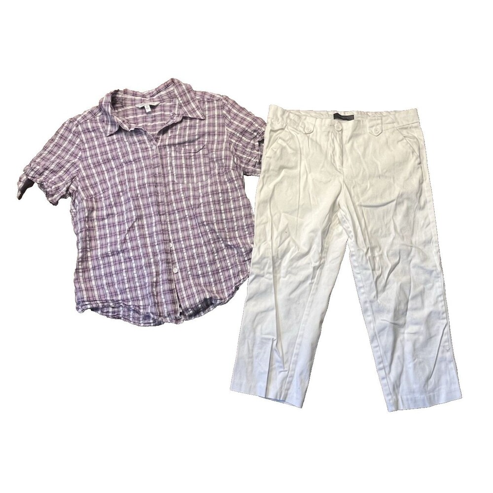 Women’s Casual Bundle White Capris Size 8 + Croft & Barrow Plaid Blouse Medium